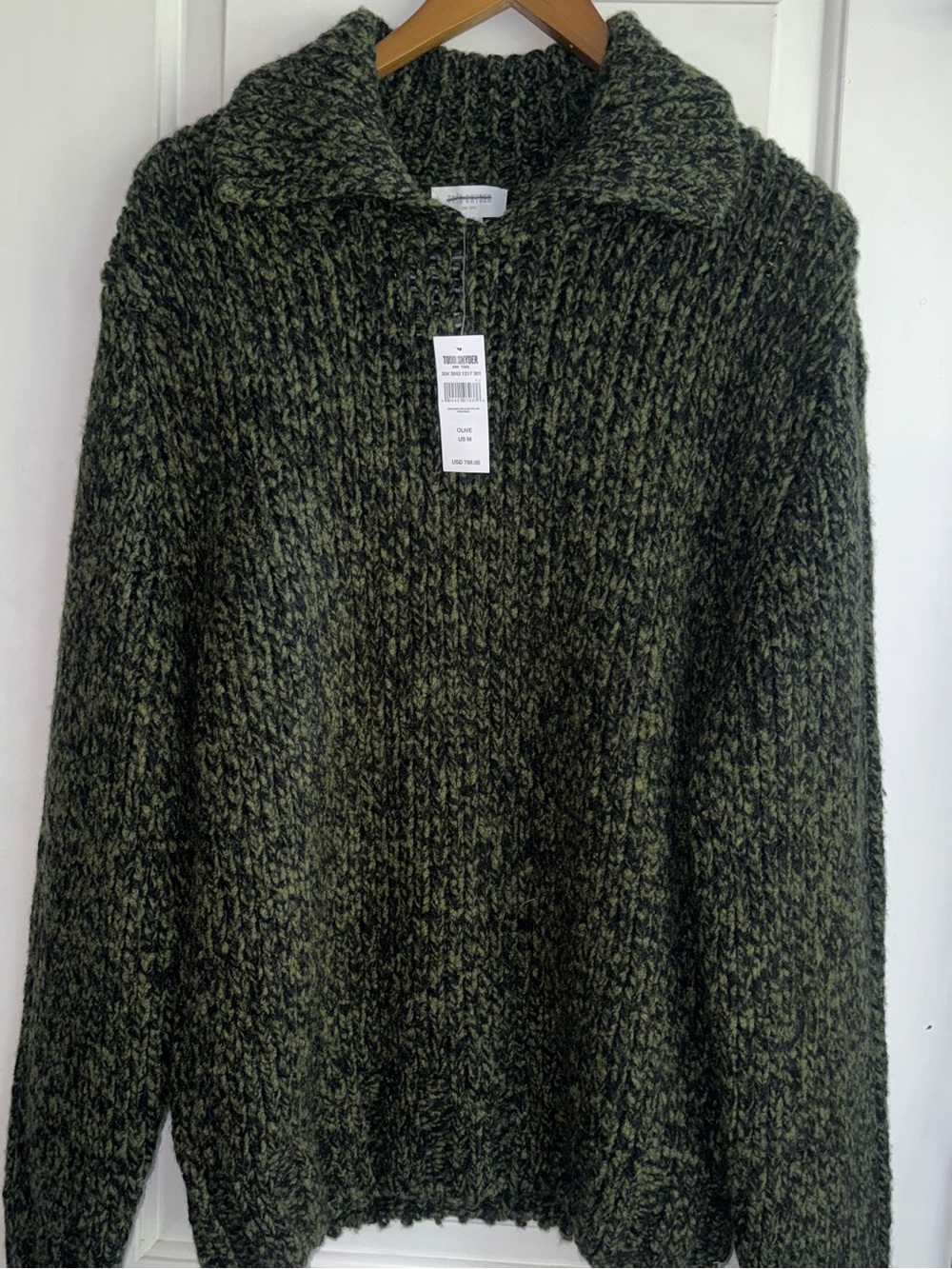 NWT Todd Snyder Italian Merino Cashmere Mouliné Collared Sweater in Olive/Black